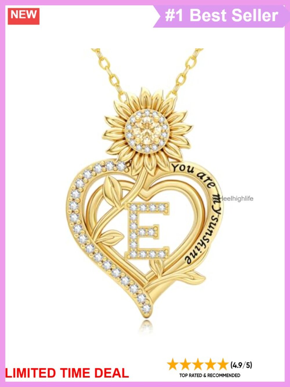 14K Gold Plated Sunflower Initial E Pendant Necklace Cubic Zirconia
